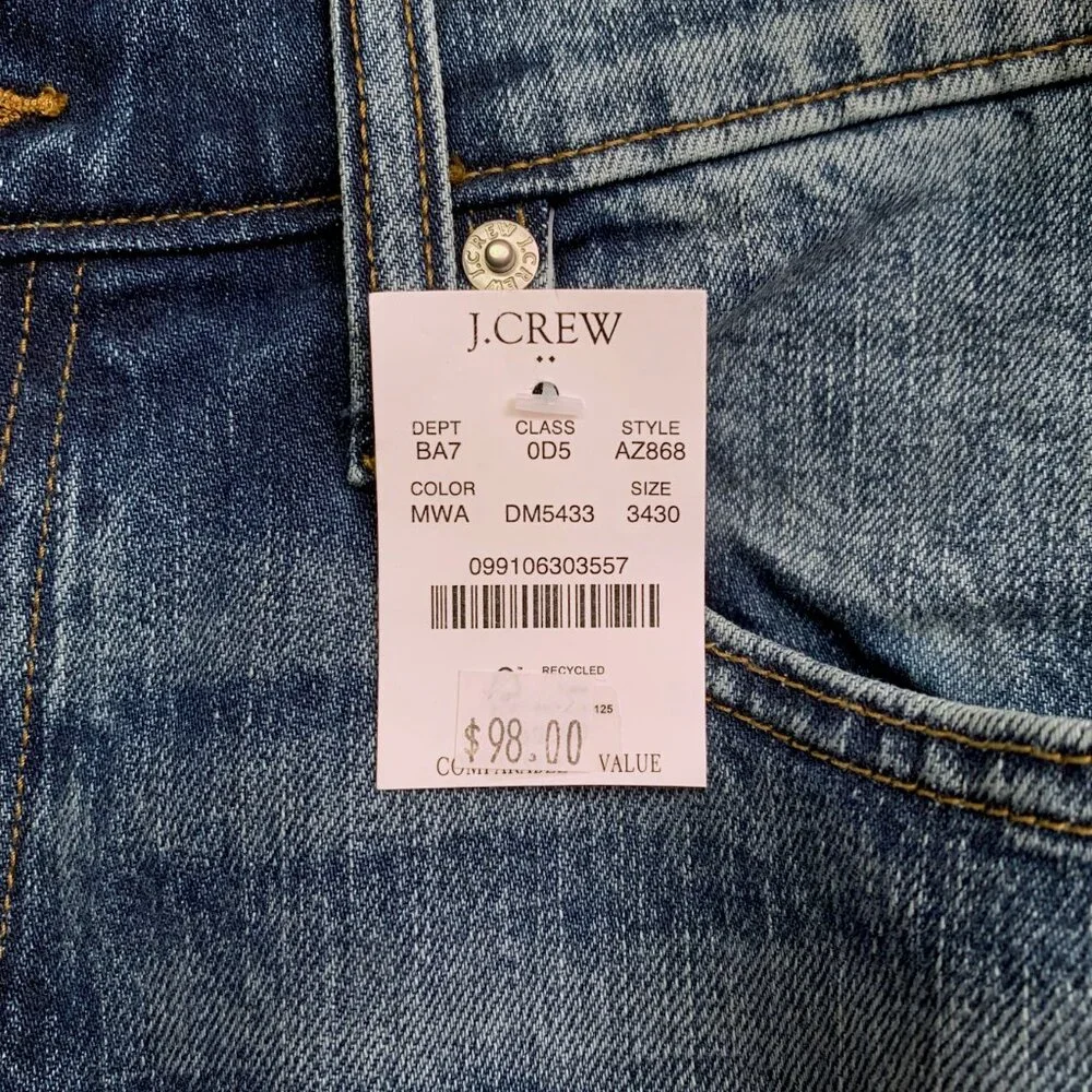 J Crew Slim Flex Fit Vintage Jeans Montauk Blue Wash 34W x30 L NWT's